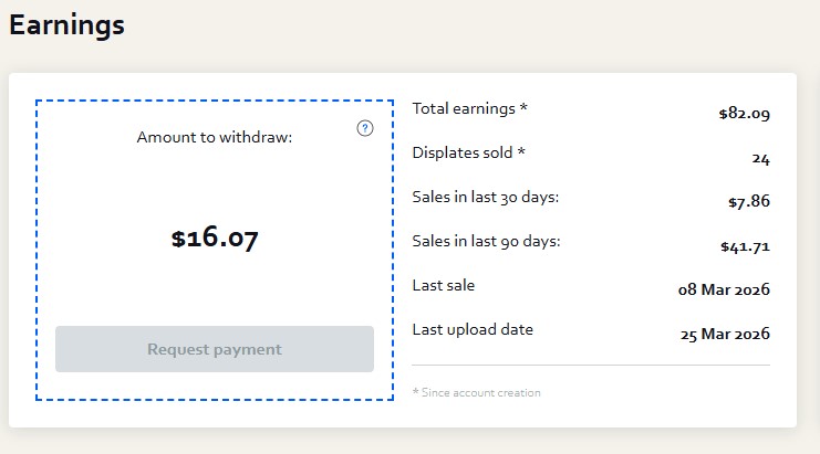 Displate earnings showing $82.09 total, 24 posters sold